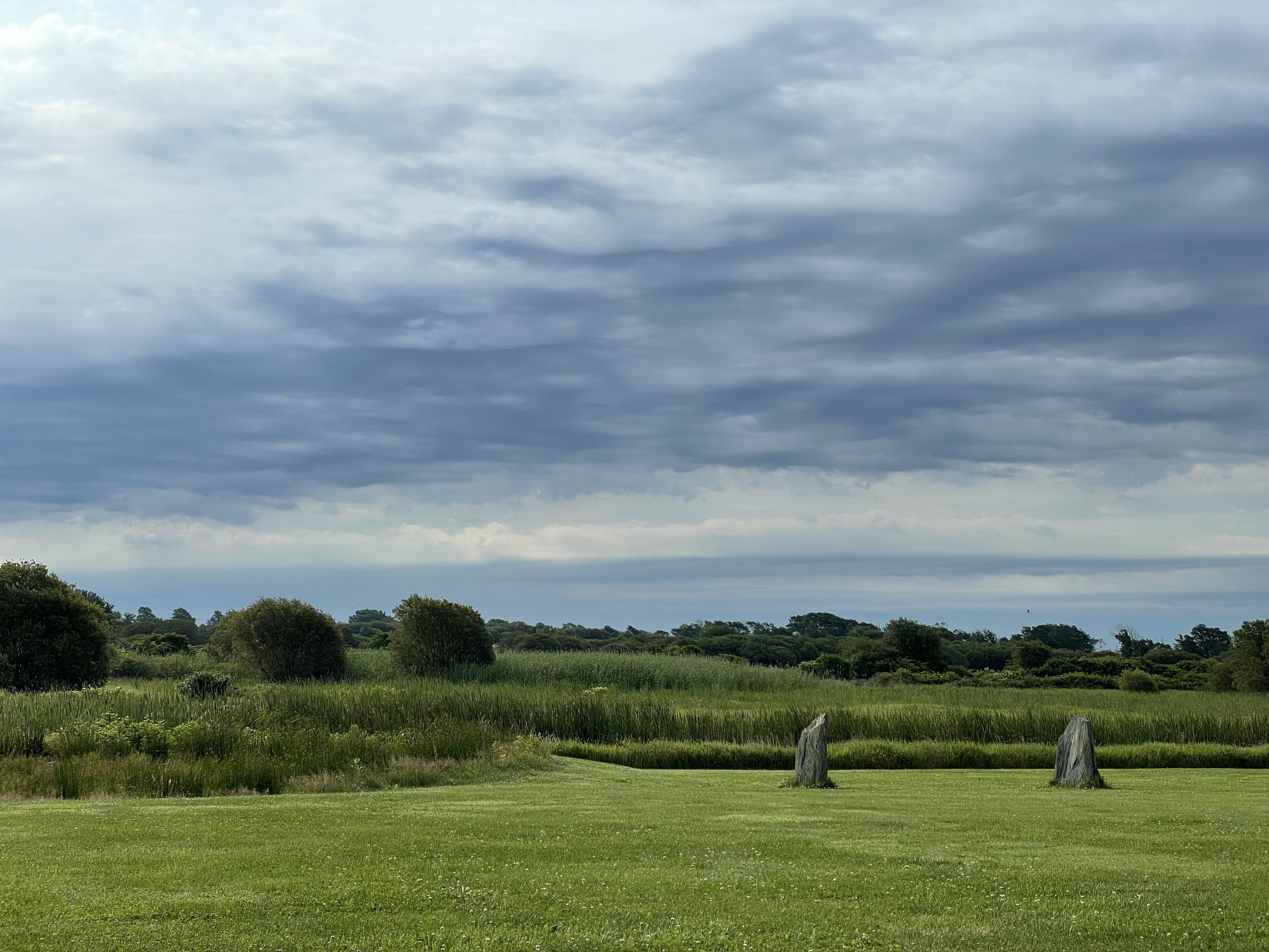 Two short stones form a kind of pair of pillars, standing alone in a field with trees behind them.  A cloudy sky looms overhead