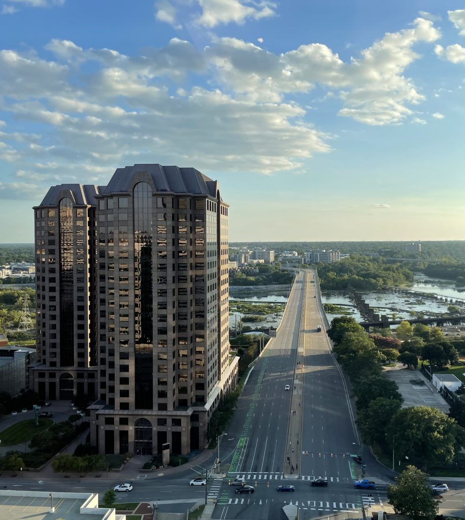 Riverfront Plaza and Manchester Bridge obscure the James River