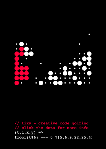 A script within the 'code golf' playground tixy.land. An animated closeup of a mouth singing, then a figure ascending stairs, in a limited pixel grid with a restricted three-color color scheme.