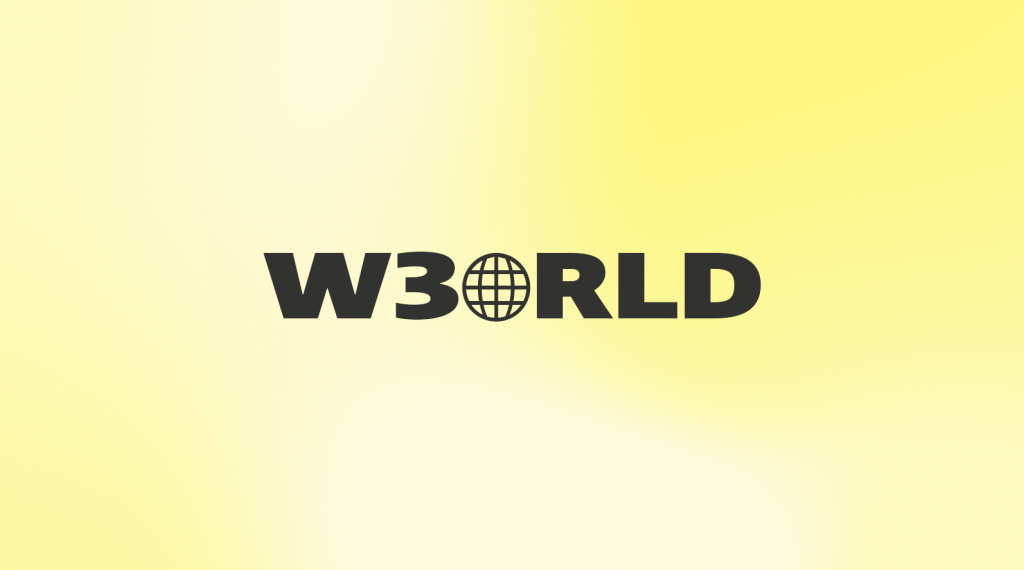 A logotype that reads "W3ORLD" on a gradient mesh background.  The "O" is a 🌐.