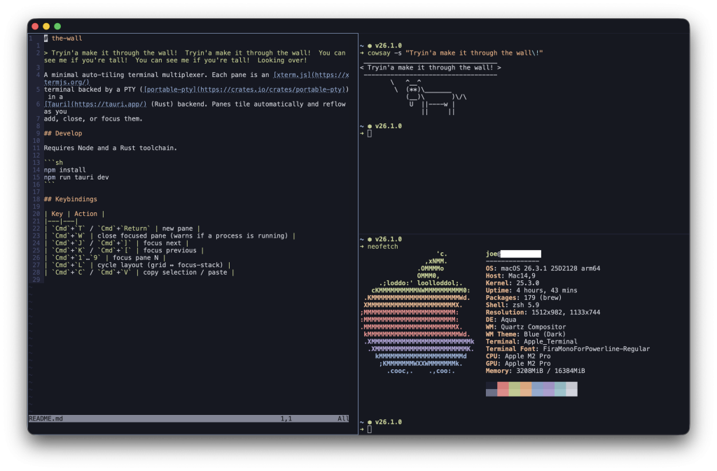 A screenshot of a tiling terminal multiplexer.