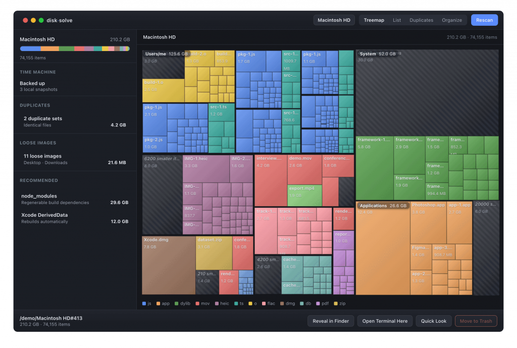 A screenshot of an interface showing a visual treemap of space files are taking on disk.  There are other UI elements to help manage your files:  duplicate file management, and a "loose image" processing tool.